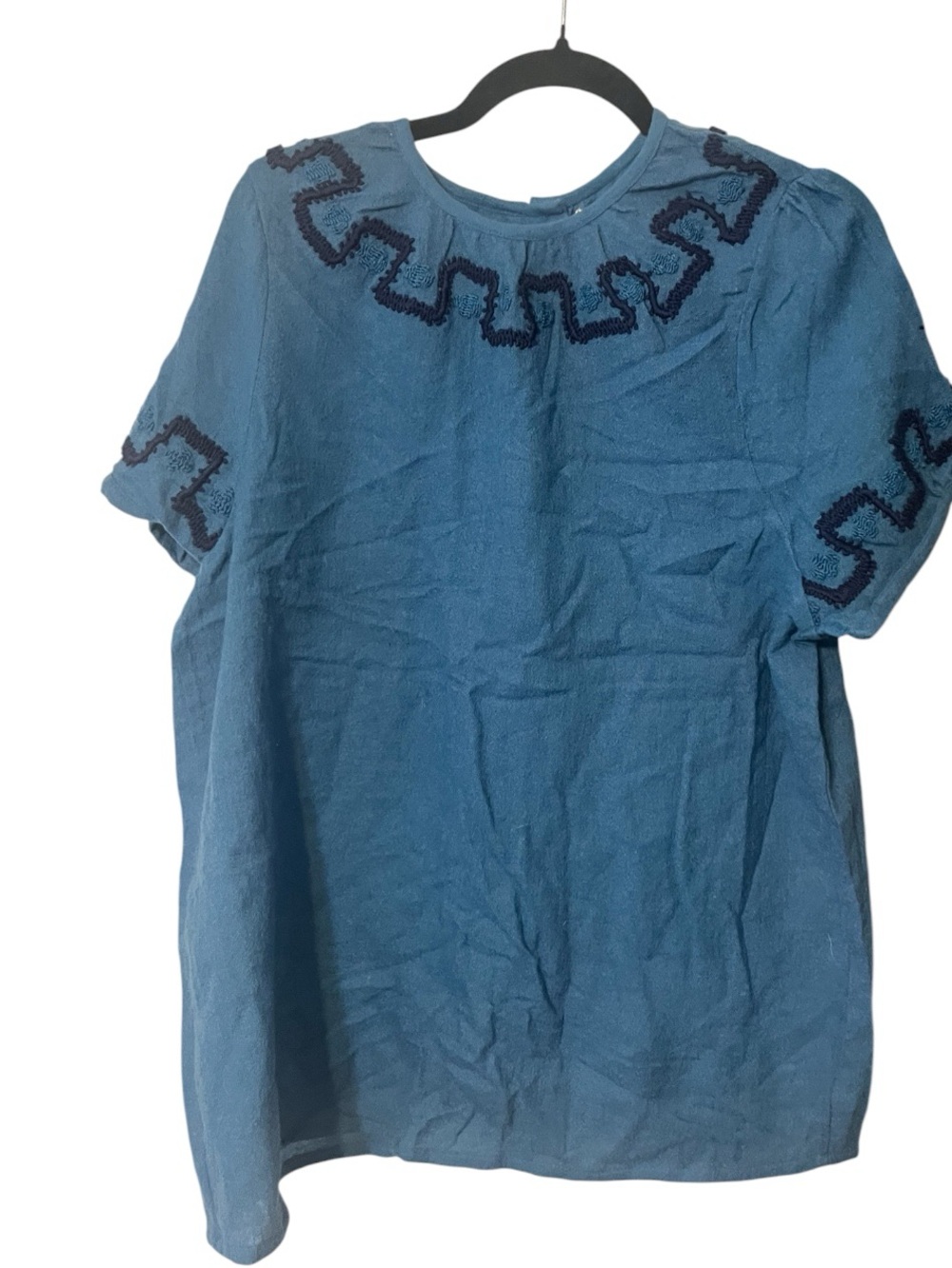 blue hand-roidered short-sleeve top